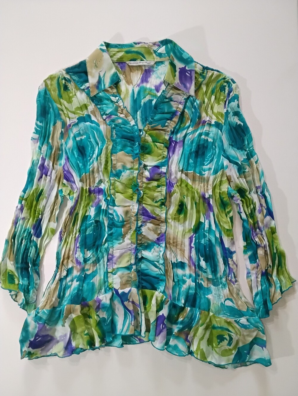Signature Larry Levine Y2K Crinkle Blouse Womens 1X Green Blue Abstract Floral